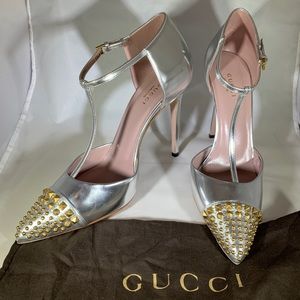 Metallic Leather T-Strap Studded Cap Toe Pumps